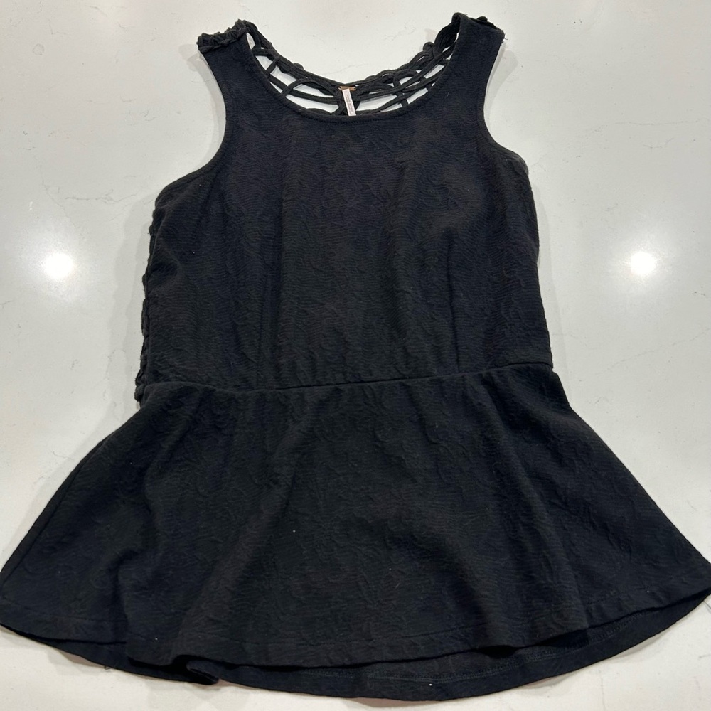 FREE PEOPLE Top Medium Affairs in Versailles Black Jacquard Peplum Hem